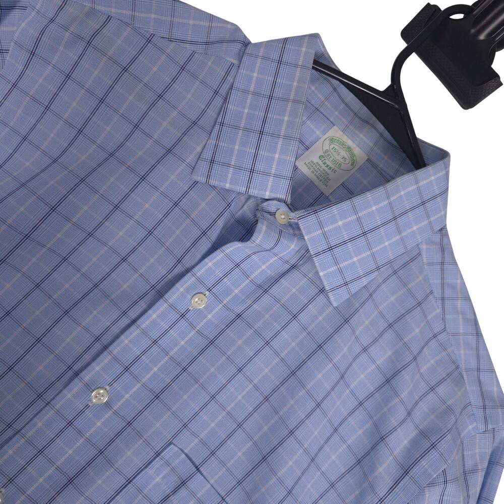 Brooks Brothers Non Iron Dress Shirt Blue Plaid Supima Cotton Mens 15.5 35